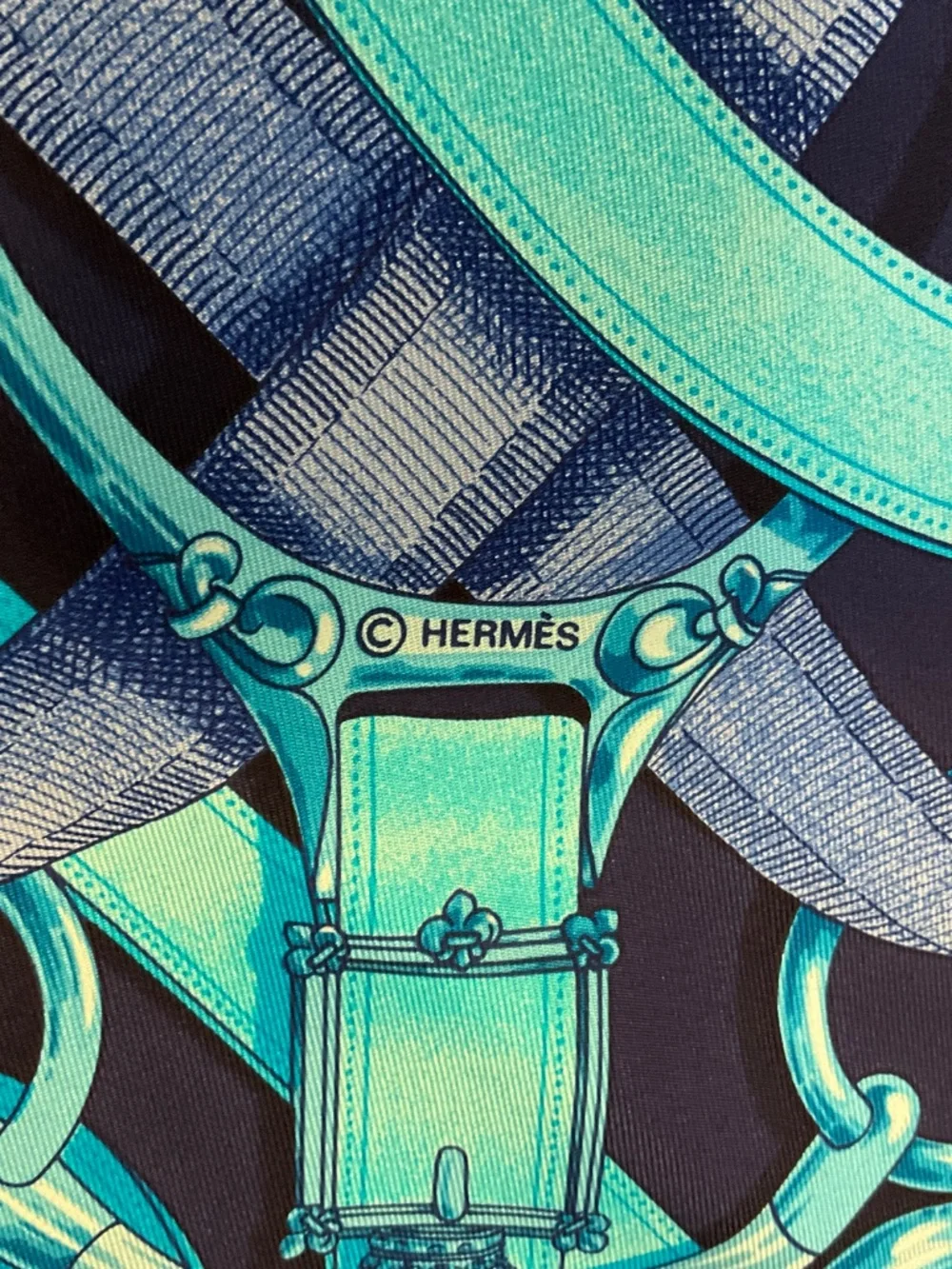 HERMES NAVY BLUE / TURQUOISE CAVALCADOUR PRINT SQUARE SILK TWILL SCARF
